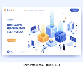 Innovative information technology concept banner template. Global online communication, cloud computing. People work in abstract or virtual office, app development. Vector character illustration