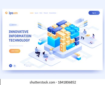 Innovative information technology concept banner template. People working at laptops near blocks or cubes, programming code, online communication. Blockchain system.  Vector character illustration