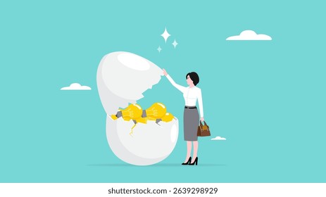 innovative investment idea, profitable investment solutions, business woman opens an egg investment containing many light bulb ideas