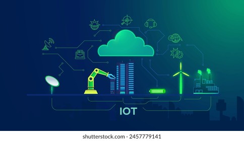 Innovative IoT Concept Illustration with Connected Devices in Smart City. Showcasing an interconnected Internet of Things (IoT) ecosystem within a smart city, highlighting automation and connectivity.