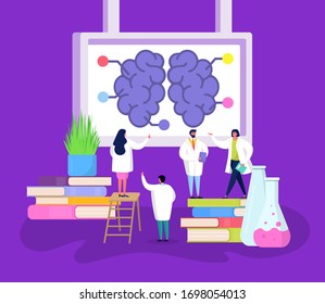 Innovative Laborleute erforschen die Vektorillustration des menschlichen Gehirns. Cartoon flach winzige Ärztecharakter studierte, machte medizinische Laboranalyse. Hintergrund des Innovationsanatomie-Forschungskonzepts