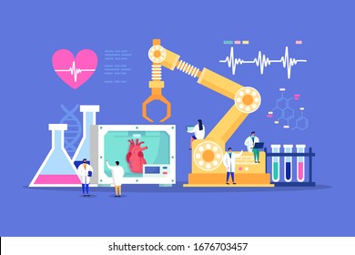 Innovative lab tiny people cardiologist doctors medical discovery for heart healthcare, cardiology monitor analyze vector illustration. Innovation in cardiology, innovatory medical laboratory.