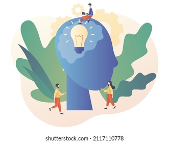  Innovative lamp in head. Big idea.Light bulb. Tiny people inspiration developing new business ideas. Thinking and brainstorm. Modern flat cartoon style. Vector illustration on white background