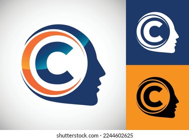 Alfabeto inicial C con cerebro humano, Un logotipo para ciencia, investigación médica, tecnología, IA