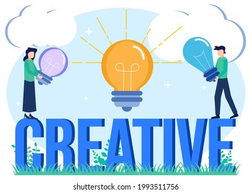 Innovadora bombilla de luz de forma plana ilustración vectorial sobre concepto de idea creativa. Desarrollo de proyectos con pensamiento imaginativo y enfoque creativo. Una escena de inspiración y descubrimiento.