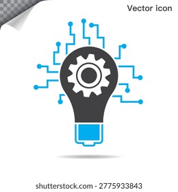Innovative light bulb icon with gear and digital circuit lines, symbolizing technology and creative ideas.
