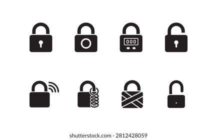Innovative locking solutions icons featuring password pads wifi signals and protective wrapping concepts.