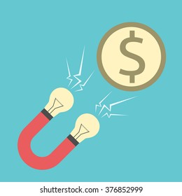 Innovative magnet with light bulbs attracting dollar coin. Creativity, money, investment, finance, investor, startup, business success concept. EPS 8 vector illustration, no transparency