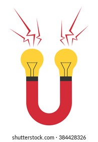 Innovative magnet with light bulbs isolated on white. Creativity, motivation, insight, inspiration, startup, business success concept. EPS 8 vector illustration, no transparency