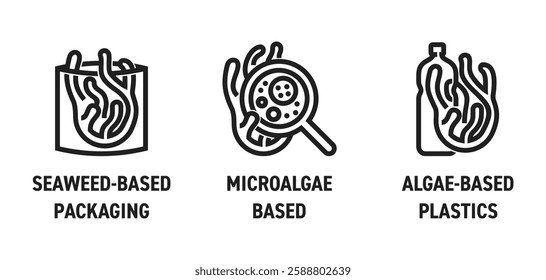 Innovative materials - Seaweed based packaging, Microalgae based, Algae-based plastics. Icons or logos in bold line