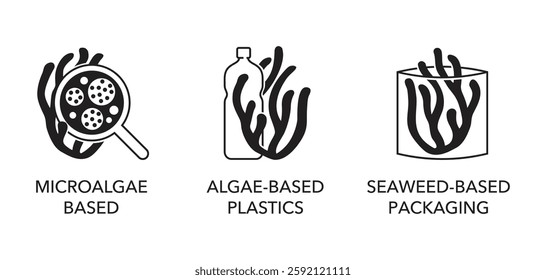 Innovative materials - Seaweed based packaging, Microalgae based, Algae-based plastics. Icons or logos in monochrome style