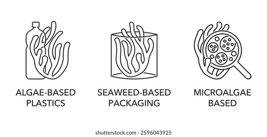Innovative materials - Seaweed based packaging, Microalgae based, Algae-based plastics. Icons or logos in thin line