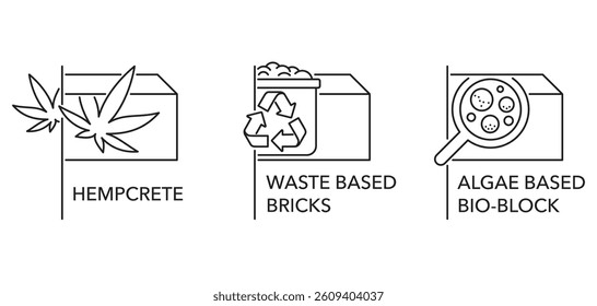 Innovative materials - Seaweed based packaging, Microalgae based, Algae-based plastics. Icons or logos in in thin line