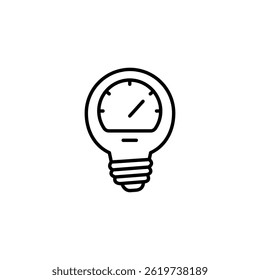 Innovative measurement idea, lightbulb with gauge, vector line icon