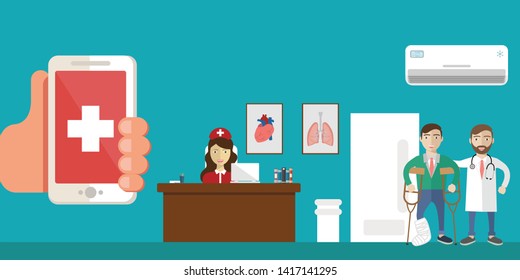 Innovative medical app on a smartphone and hospital with doctors and patients on the background, healthcare and technology concept - Vector
