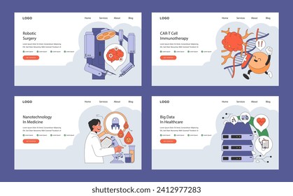 Equipo de Técnicas Médicas Innovadoras. Destaca la cirugía robótica, la inmunoterapia celular CAR-T, la nanotecnología en la medicina y los grandes datos en la atención de la salud. Ilustración vectorial plana.