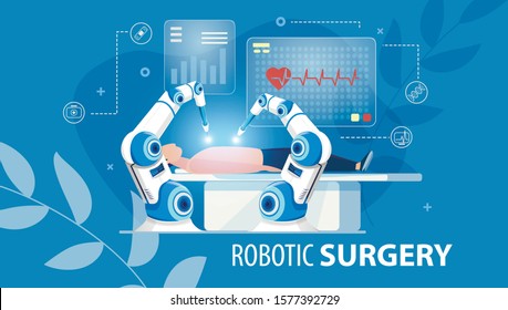 Innovative Medicine of Future. Robotic Surgery. Automated Arm Assembly at Work. Patient Laying on Operation Table. Hi-Tech Surgical Instruments. Medical Flat Poster. Vector Cartoon Illustration