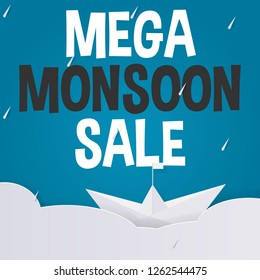 Innovative mega Monsoon Sale Banner or poster template design for shopping promotion. Blue sky background. Rainy Season or Special Offers with rain drop, cloud and ship in paper cut art style.