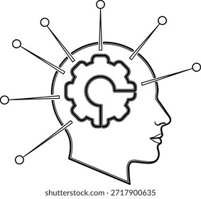 Mente innovadora, proceso neuronal. El engranaje representa la idea del concepto de pensamiento. Solución mostrada con proceso cerebral creativo, Ilustración vectorial.