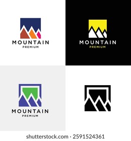 Innovative mountain logo designs showcasing geometric shapes and minimalist layouts in various color themes, ideal for branding and identity creation.