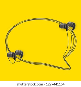 Innovative music quotation template in headphones quotes isolated on backdrop. Creative banner illustration with quote in a frame wire with Black quotes. speech bubble Template modern headset design.