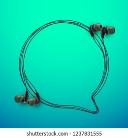 Innovative music quotation template in headphones quotes isolated on backdrop. Creative banner illustration with quote in a frame wire with Black quotes. speech bubble Template modern headset design.