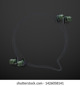 Innovative music quotation template in headphones quotes isolated on backdrop. Creative banner illustration with quote in a frame wire with Black quotes. speech bubble Template modern headset design.