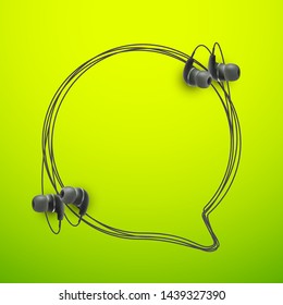 Innovative music quotation template in headphones quotes isolated on backdrop. Creative banner illustration with quote in a frame wire with Black quotes. speech bubble Template modern headset design.