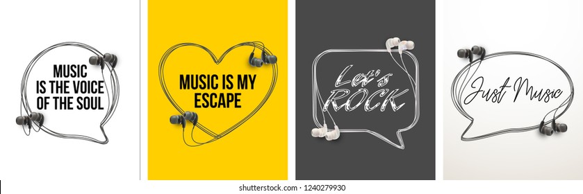 Innovative music quotation template speech bubble set in headphones quotes isolated on backdrop. Creative banner illustration set with quote frame wire with quotes headset modern design cloud remark