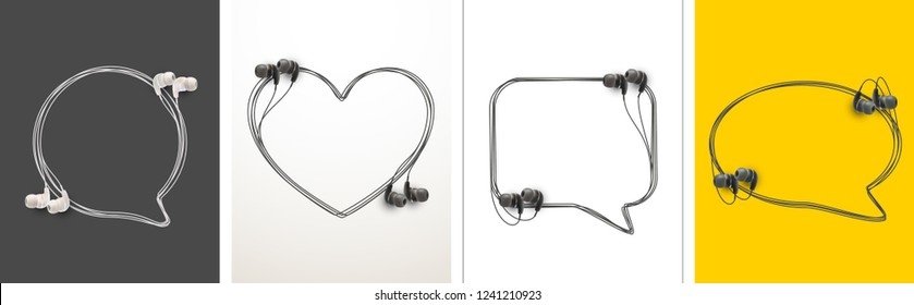 Innovative music quotation template speech bubble set in headphones quotes isolated on backdrop. Creative banner illustration set with quote frame wire with quotes headset modern design cloud remark