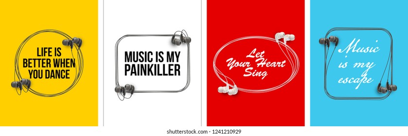 Innovative music quotation template speech bubble set in headphones quotes isolated on backdrop. Creative banner illustration set with quote frame wire with quotes headset modern design cloud remark