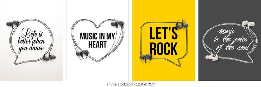 Innovative music quotation template speech bubble set in headphones quotes isolated on backdrop. Creative banner illustration set with quote frame wire with quotes headset modern design cloud remark