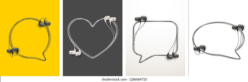 Innovative music quotation template speech bubble set in headphones quotes isolated on backdrop. Creative banner illustration set with quote frame wire with quotes headset modern design cloud remark