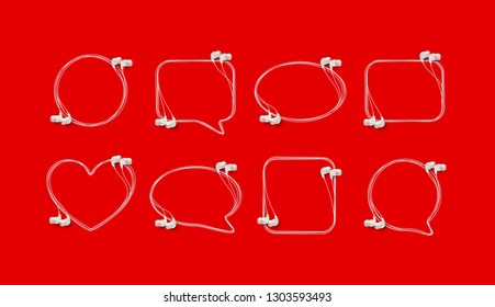 Innovative music quotation template speech bubble set in headphones quotes isolated on backdrop. Creative banner illustration set with quote frame wire with quotes headset modern design cloud remark
