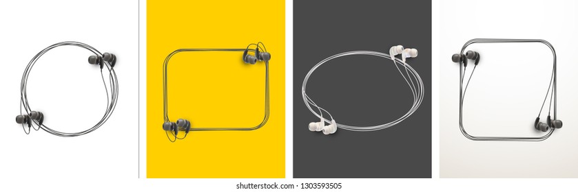 Innovative music quotation template speech bubble set in headphones quotes isolated on backdrop. Creative banner illustration set with quote frame wire with quotes headset modern design cloud remark