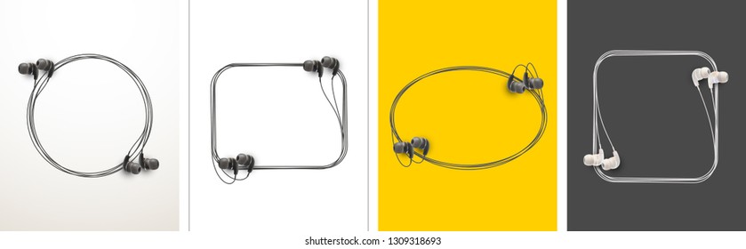 Innovative music quotation template speech bubble set in headphones quotes isolated on backdrop. Creative banner illustration set with quote frame wire with quotes headset modern design cloud remark