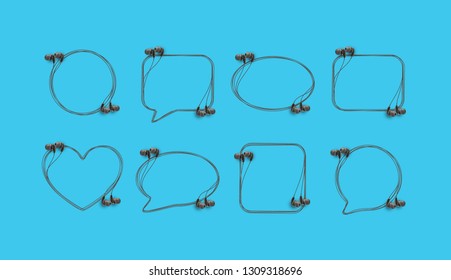 Innovative music quotation template speech bubble set in headphones quotes isolated on backdrop. Creative banner illustration set with quote frame wire with quotes headset modern design cloud remark