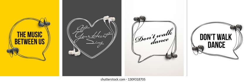 Innovative music quotation template speech bubble set in headphones quotes isolated on backdrop. Creative banner illustration set with quote frame wire with quotes headset modern design cloud remark