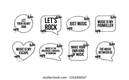 Innovative music quotation template speech bubble set in headphones quotes isolated on backdrop. Creative banner illustration set with quote frame wire with quotes headset modern design cloud remark