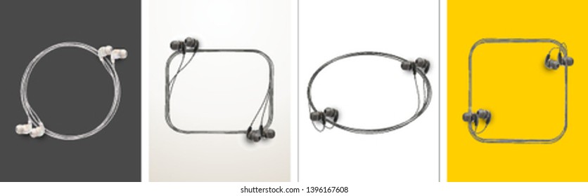 Innovative music quotation template speech bubble set in headphones quotes isolated on backdrop. Creative banner illustration set with quote frame wire with quotes headset modern design cloud remark