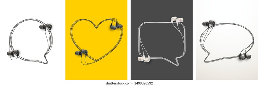 Innovative music quotation template speech bubble set in headphones quotes isolated on backdrop. Creative banner illustration set with quote frame wire with quotes headset modern design cloud remark