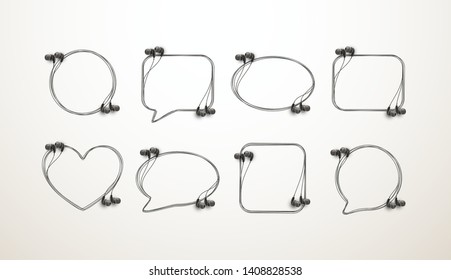 Innovative music quotation template speech bubble set in headphones quotes isolated on backdrop. Creative banner illustration set with quote frame wire with quotes headset modern design cloud remark