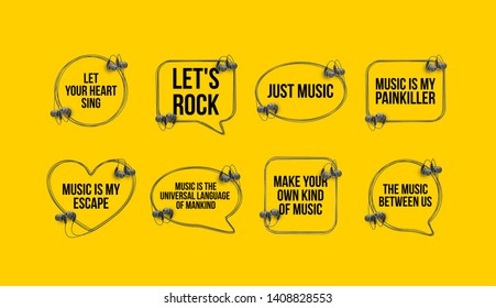 Innovative music quotation template speech bubble set in headphones quotes isolated on backdrop. Creative banner illustration set with quote frame wire with quotes headset modern design cloud remark