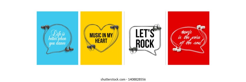 Innovative music quotation template speech bubble set in headphones quotes isolated on backdrop. Creative banner illustration set with quote frame wire with quotes headset modern design cloud remark