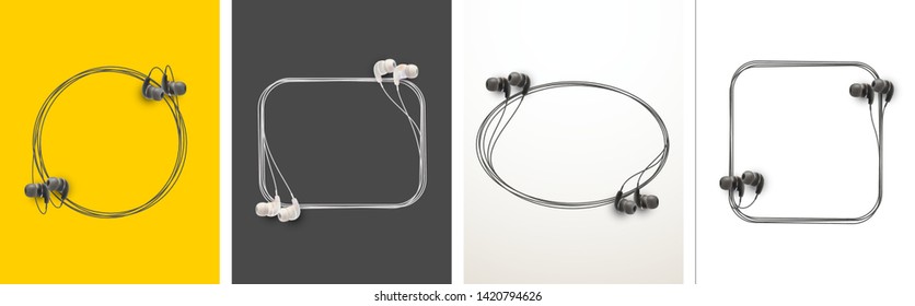 Innovative music quotation template speech bubble set in headphones quotes isolated on backdrop. Creative banner illustration set with quote frame wire with quotes headset modern design cloud remark