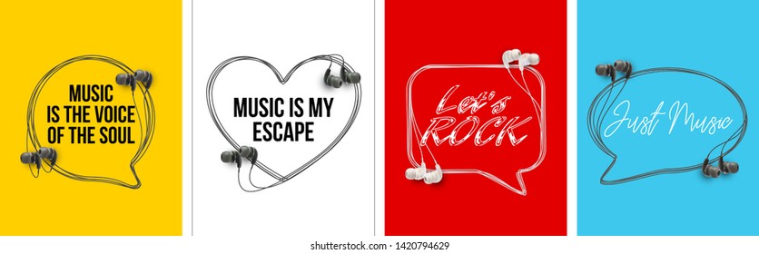 Innovative music quotation template speech bubble set in headphones quotes isolated on backdrop. Creative banner illustration set with quote frame wire with quotes headset modern design cloud remark