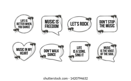 Innovative music quotation template speech bubble set in headphones quotes isolated on backdrop. Creative banner illustration set with quote frame wire with quotes headset modern design cloud remark