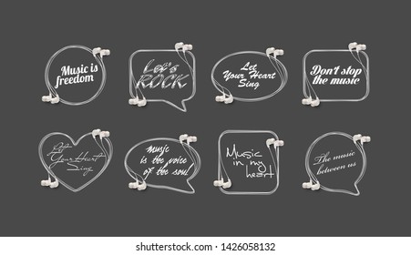Innovative music quotation template speech bubble set in headphones quotes isolated on backdrop. Creative banner illustration set with quote frame wire with quotes headset modern design cloud remark