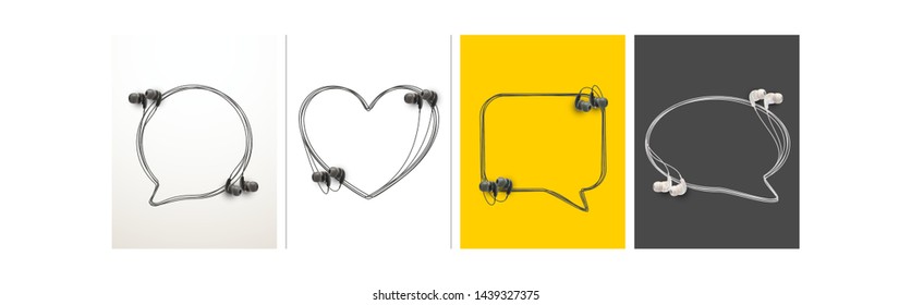 Innovative music quotation template speech bubble set in headphones quotes isolated on backdrop. Creative banner illustration set with quote frame wire with quotes headset modern design cloud remark