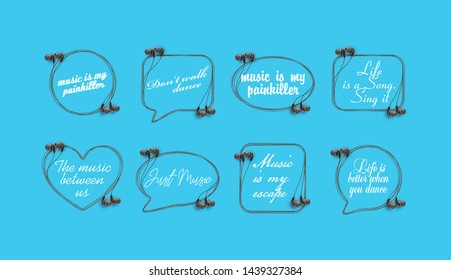 Innovative music quotation template speech bubble set in headphones quotes isolated on backdrop. Creative banner illustration set with quote frame wire with quotes headset modern design cloud remark